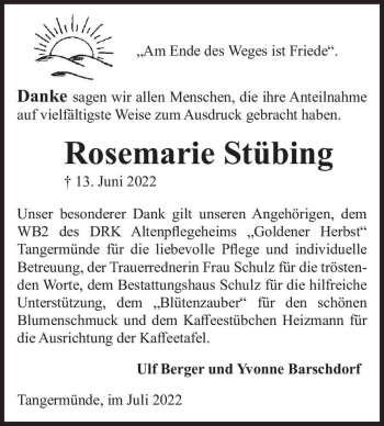 Traueranzeige von Rosemarie Stübing  von Magdeburger Volksstimme