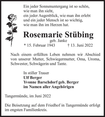 Traueranzeige von Rosemarie Stübing (geb. Janke)  von Magdeburger Volksstimme