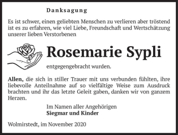 Traueranzeige von Rosemarie Sypli  von Magdeburger Volksstimme