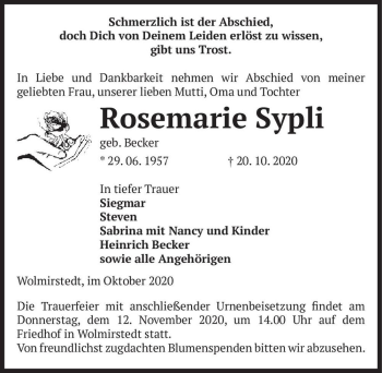 Traueranzeige von Rosemarie Sypli (geb. Becker)  von Magdeburger Volksstimme