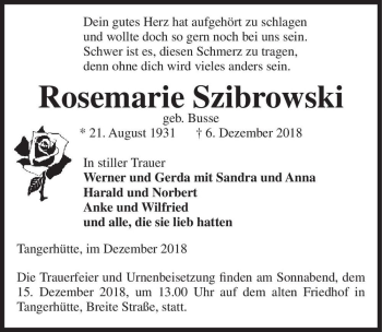 Traueranzeige von Rosemarie Szibrowski (geb. Busse)  von Magdeburger Volksstimme