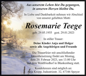 Traueranzeige von Rosemarie Teege  von Magdeburger Volksstimme