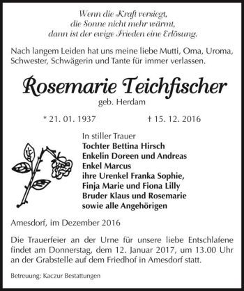 Traueranzeige von Rosemarie Teichfischer (geb. Herdam)  von Magdeburger Volksstimme
