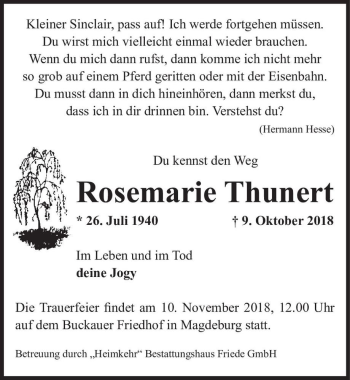 Traueranzeige von Rosemarie Thunert  von Magdeburger Volksstimme