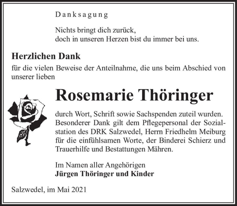  Traueranzeige für Rosemarie Thöringer  vom 29.05.2021 aus Magdeburger Volksstimme