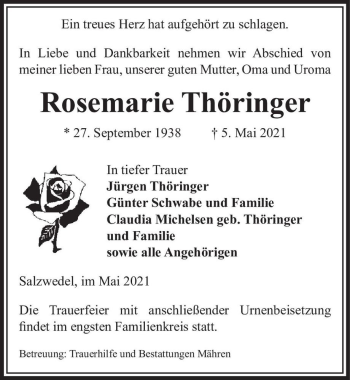 Traueranzeige von Rosemarie Thöringer  von Magdeburger Volksstimme