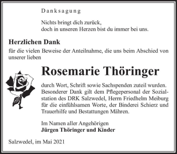 Traueranzeige von Rosemarie Thöringer  von Magdeburger Volksstimme