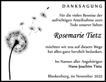 Traueranzeige von Rosemarie Tietz  von Magdeburger Volksstimme