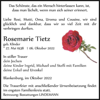 Traueranzeige von Rosemarie Tietz (geb. Klinder)  von Magdeburger Volksstimme