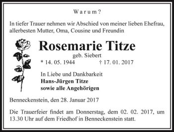 Traueranzeige von Rosemarie Titze (geb. Siebert)  von Magdeburger Volksstimme