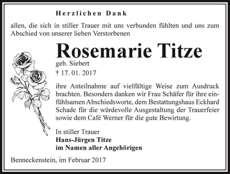  Traueranzeige für Rosemarie Titze (geb. Siebert)  vom 18.02.2017 aus Magdeburger Volksstimme