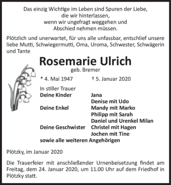 Traueranzeige von Rosemarie Ulrich (geb. Bremer)  von Magdeburger Volksstimme