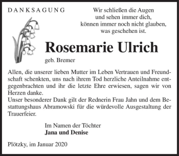 Traueranzeige von Rosemarie Ulrich (geb. Bremer)  von Magdeburger Volksstimme