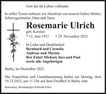 Traueranzeige von Rosemarie Ulrich (geb. Kersten)  von Magdeburger Volksstimme