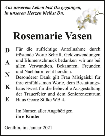 Traueranzeige von Rosemarie Vasen  von Magdeburger Volksstimme