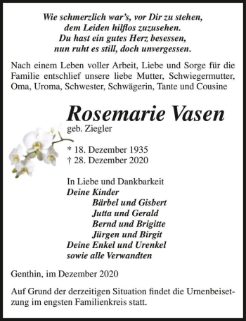 Traueranzeige von Rosemarie Vasen (geb. Ziegler)  von Magdeburger Volksstimme