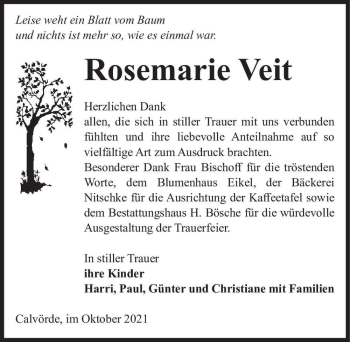 Traueranzeige von Rosemarie Veit  von Magdeburger Volksstimme