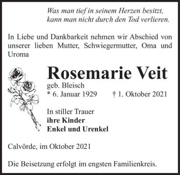 Traueranzeige von Rosemarie Veit (geb. Bleisch)  von Magdeburger Volksstimme