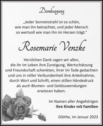 Traueranzeige von Rosemarie Venzke  von Magdeburger Volksstimme