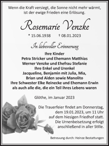 Traueranzeige von Rosemarie Venzke  von Magdeburger Volksstimme