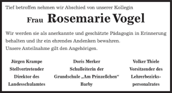 Traueranzeige von Rosemarie Vogel  von Magdeburger Volksstimme