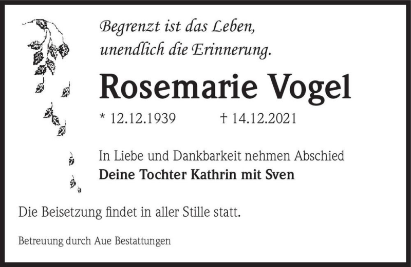  Traueranzeige für Rosemarie Vogel  vom 18.12.2021 aus Magdeburger Volksstimme