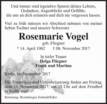 Traueranzeige von Rosemarie Vogel (geb. Fliegner)  von Magdeburger Volksstimme