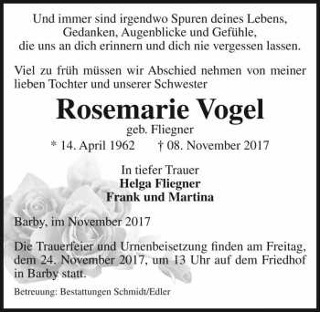 Traueranzeige von Rosemarie Vogel (geb. Fliegner)  von Magdeburger Volksstimme