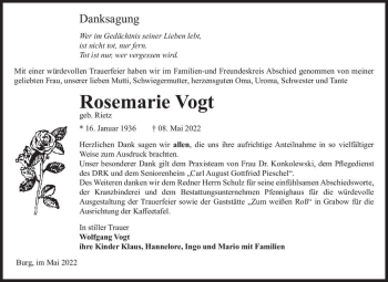 Traueranzeige von Rosemarie Vogt (geb. Rietz)  von Magdeburger Volksstimme
