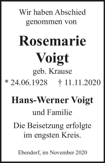 Traueranzeige von Rosemarie Voigt (geb. Krause)  von Magdeburger Volksstimme