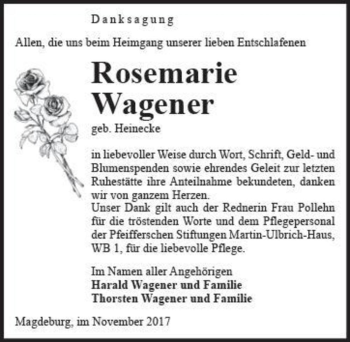 Traueranzeige von Rosemarie Wagener (geb. Heinecke)  von Magdeburger Volksstimme