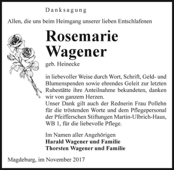 Traueranzeige von Rosemarie Wagener (geb. Heinecke)  von Magdeburger Volksstimme
