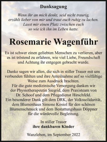 Traueranzeige von Rosemarie Wagenführ  von Magdeburger Volksstimme