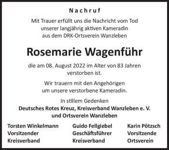 Traueranzeige von Rosemarie Wagenführ  von Magdeburger Volksstimme