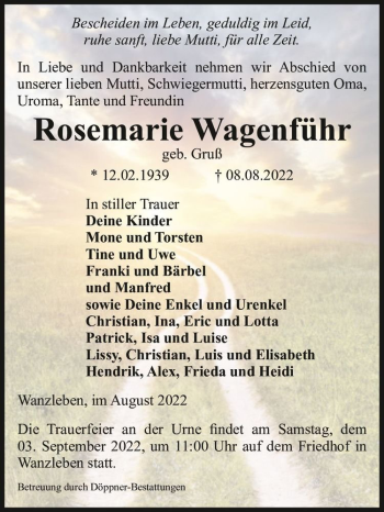 Traueranzeige von Rosemarie Wagenführ (geb. Gruß)  von Magdeburger Volksstimme