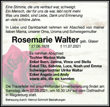 Traueranzeige von Rosemarie Walter (geb. Glaser)  von Magdeburger Volksstimme