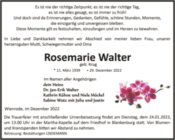Traueranzeige von Rosemarie Walter (geb. Krug)  von Magdeburger Volksstimme
