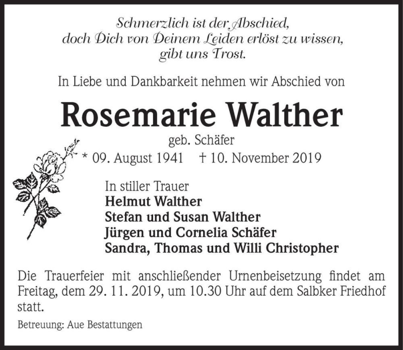  Traueranzeige für Rosemarie Walther (geb. Schäfer)  vom 23.11.2019 aus Magdeburger Volksstimme