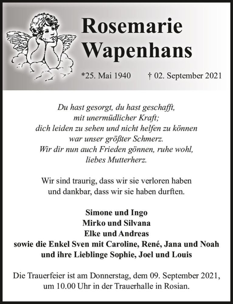  Traueranzeige für Rosemarie Wapenhans  vom 08.09.2021 aus Magdeburger Volksstimme
