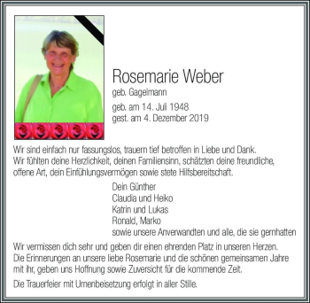 Traueranzeige von Rosemarie Weber (geb. Gagelmann)  von Magdeburger Volksstimme