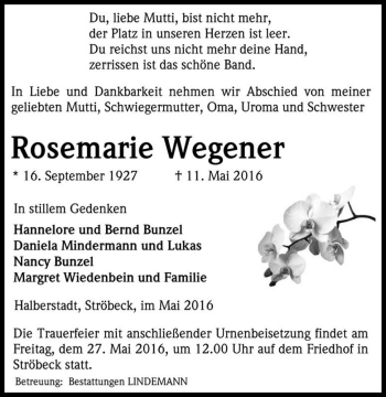 Traueranzeige von Rosemarie Wegener  von Magdeburger Volksstimme