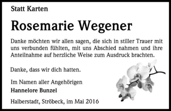 Traueranzeige von Rosemarie Wegener  von Magdeburger Volksstimme
