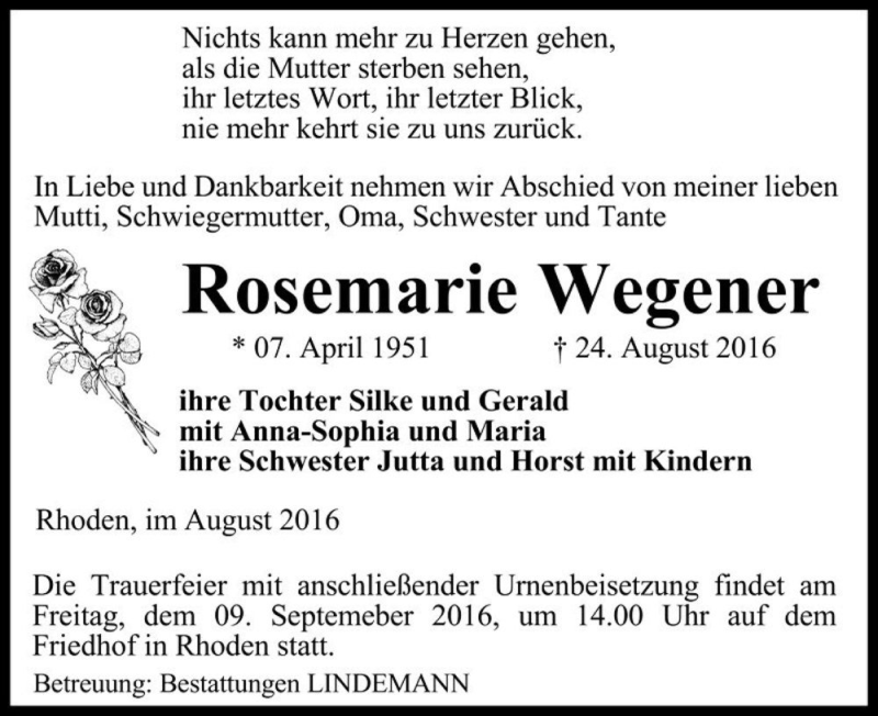  Traueranzeige für Rosemarie Wegener  vom 27.08.2016 aus Magdeburger Volksstimme