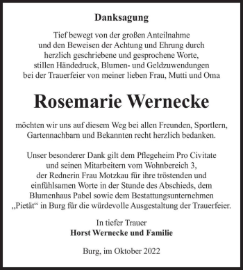 Traueranzeige von Rosemarie Wernecke  von Magdeburger Volksstimme