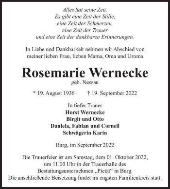 Traueranzeige von Rosemarie Wernecke (geb. Nessau)  von Magdeburger Volksstimme