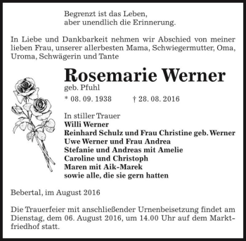 Traueranzeige von Rosemarie Werner (geb. Pfuhl)  von Magdeburger Volksstimme