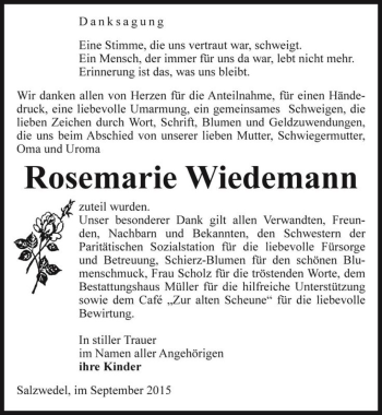 Traueranzeige von Rosemarie Wiedemann  von Magdeburger Volksstimme