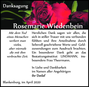 Traueranzeige von Rosemarie Wiedenbein  von Magdeburger Volksstimme