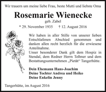Traueranzeige von Rosemarie Wienecke (geb. Zabel)  von Magdeburger Volksstimme