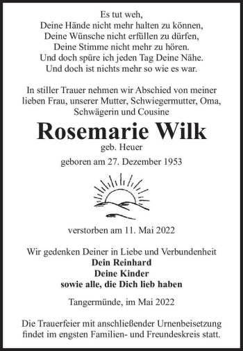 Traueranzeige von Rosemarie Wilk (geb. Heuer)  von Magdeburger Volksstimme